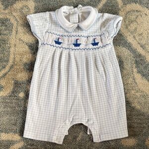 Magnolia Baby 9 month Baby Blue Checkered Romper with Sailboat Design